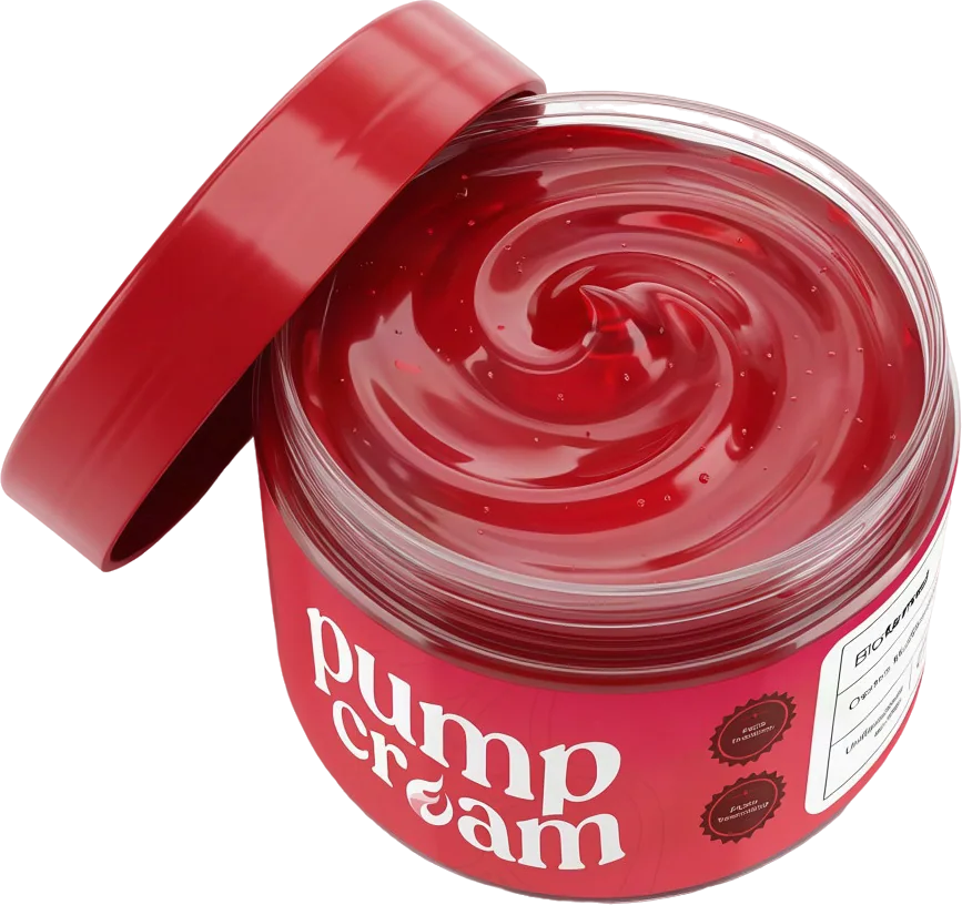 Pote de Pump Cream aberto mostrando o gel vermelho