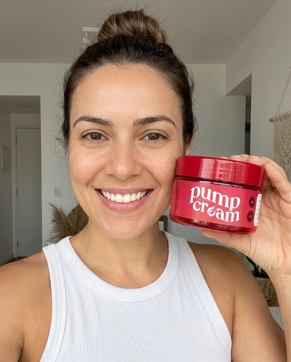Mulher sorrindo em casa segurando o pote de Pump Cream
