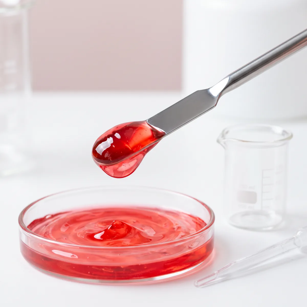 Espátula com o gel vermelho sobre uma placa de vidro de laboratório