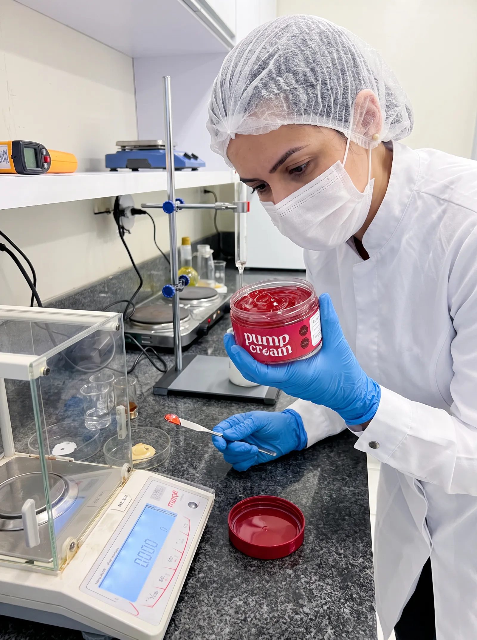 Farmacêutica de touca e máscara observando o gel vermelho no pote de Pump Cream na bancada do laboratório